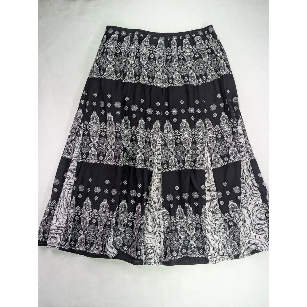 VTG Choices Womens XL Black White Medallion Paisley Boho Maxi Skirt